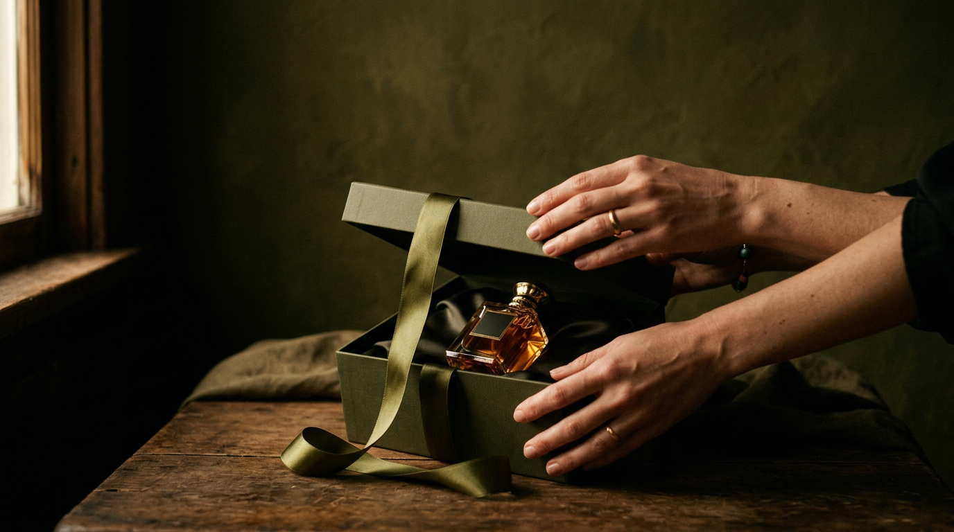 Two hands lifting the lid of an olive-green gift box with a ribbon and a glass perfume bottle inside