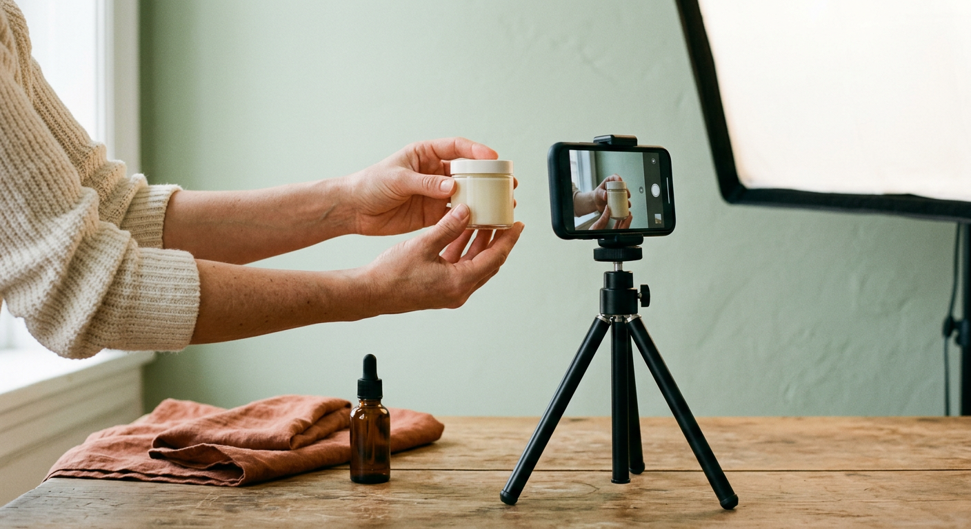 A creator's hands holding a cream jar toward a phone on a tripod, with a softbox light behind