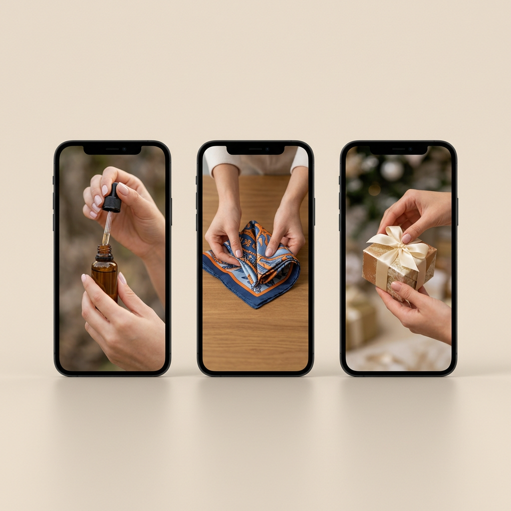 Three phones side by side showing hands with a dropper bottle, a folded scarf and a gift box