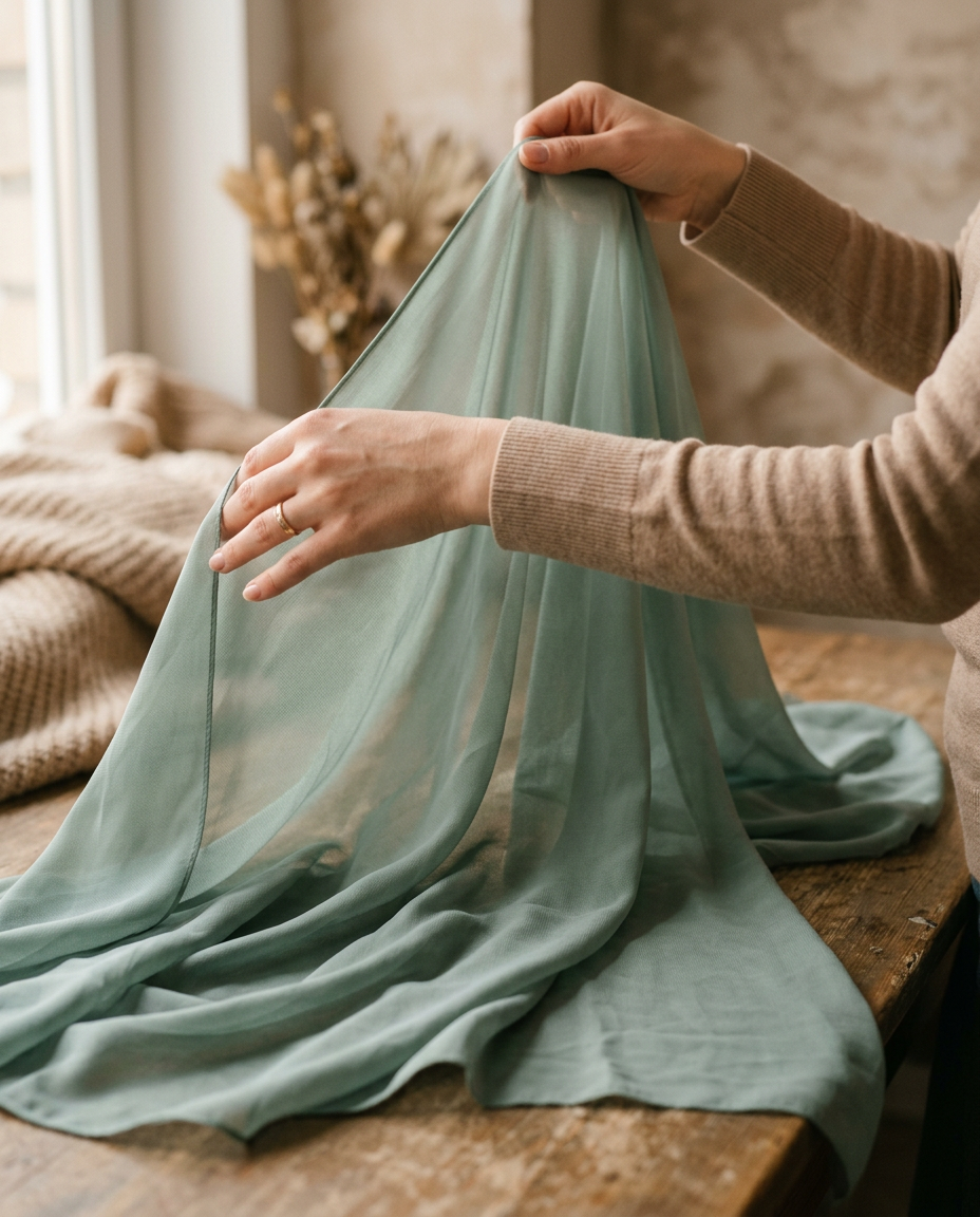 Hands lifting a sheer sage-green scarf from a wooden table