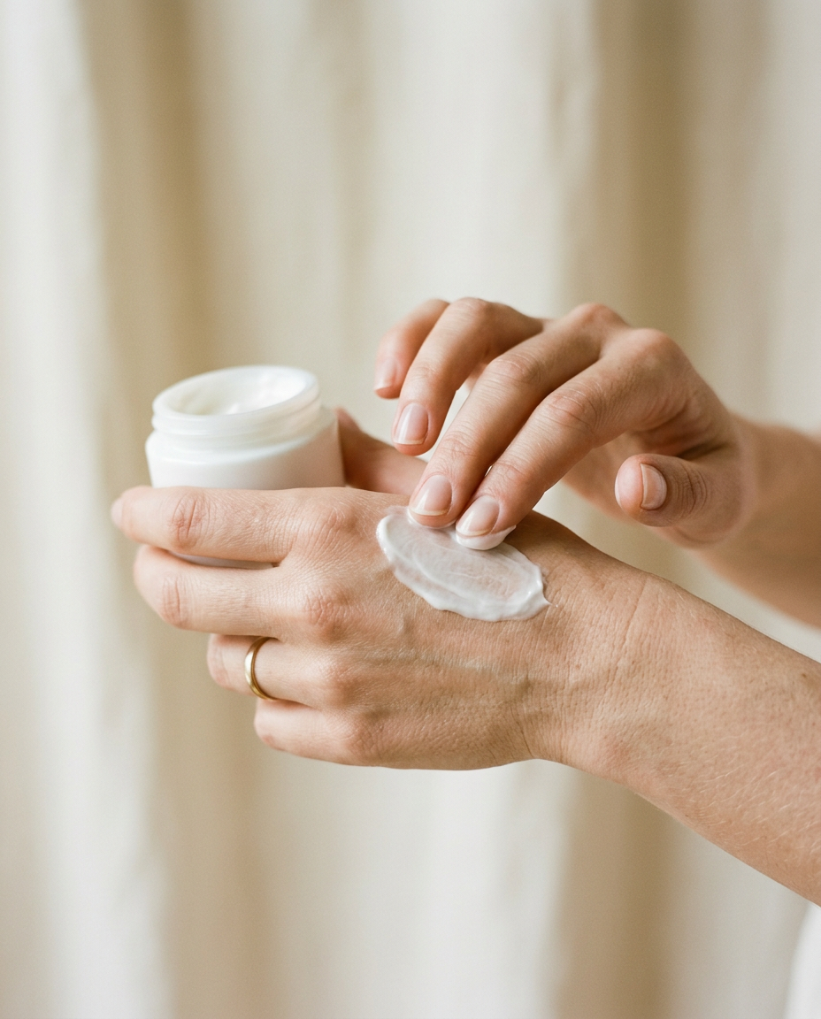 Hands smoothing a white cream onto the back of a hand, jar held open