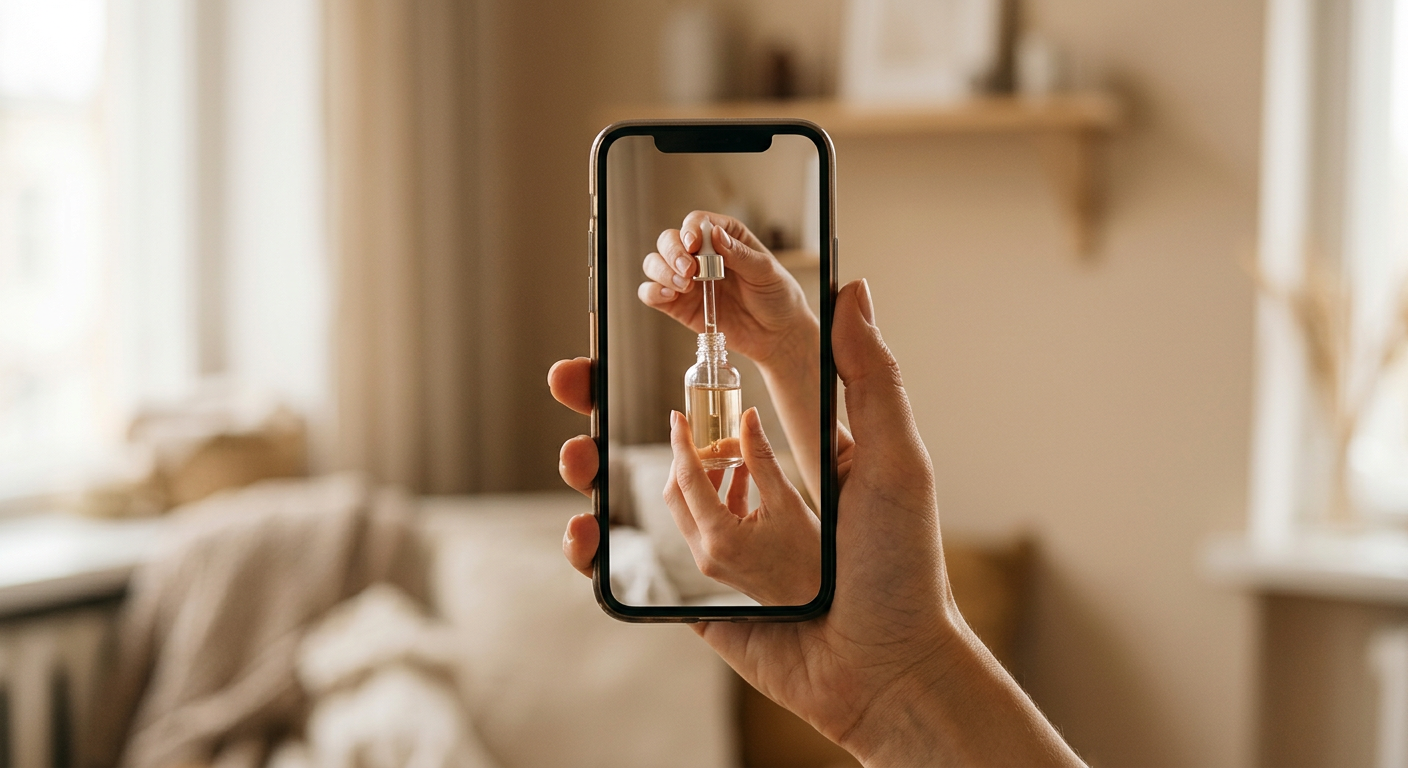 A hand holding a phone that shows a dropper bottle being opened