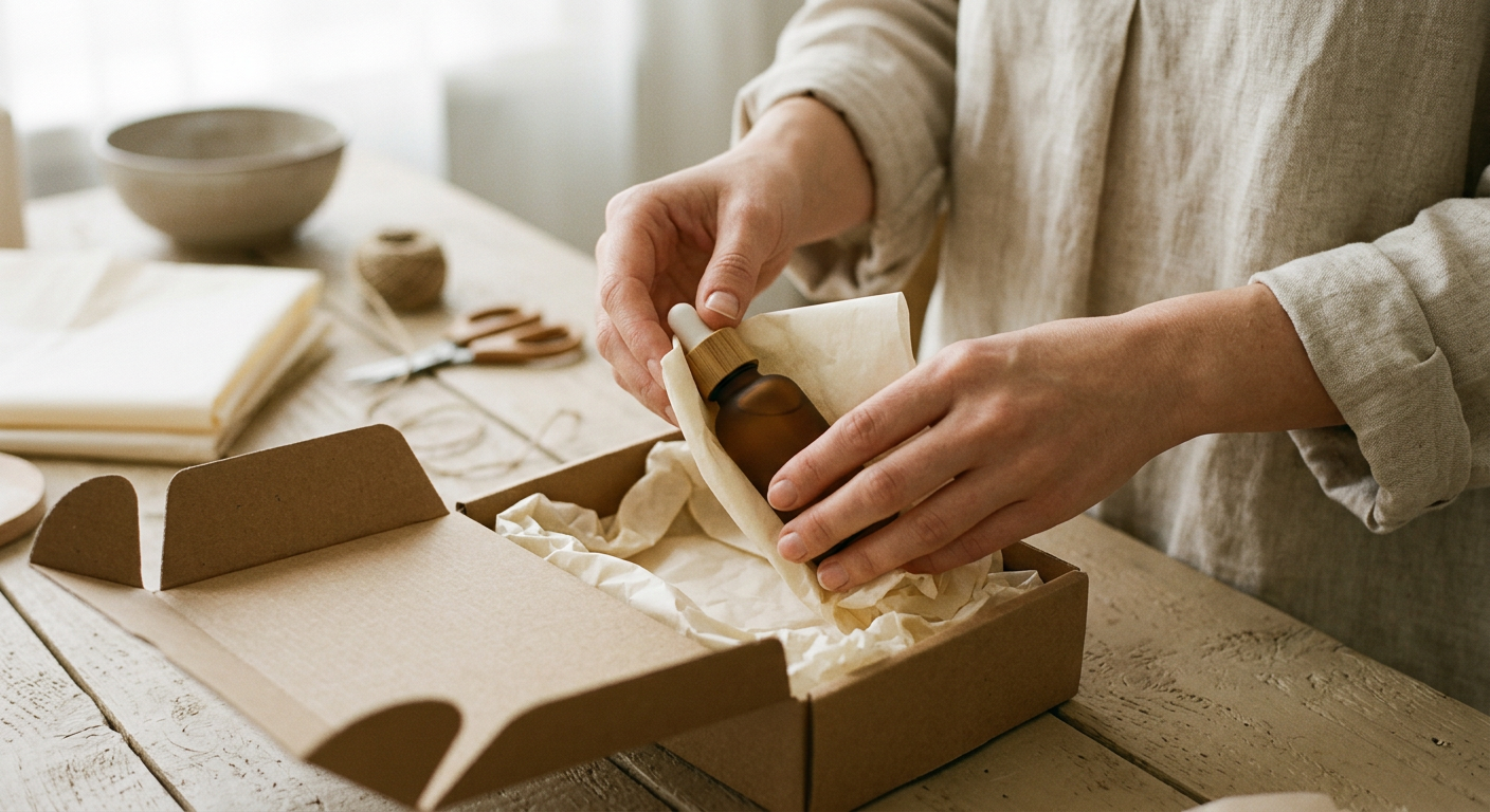 Hands wrapping an amber dropper bottle in tissue paper inside a cardboard box
